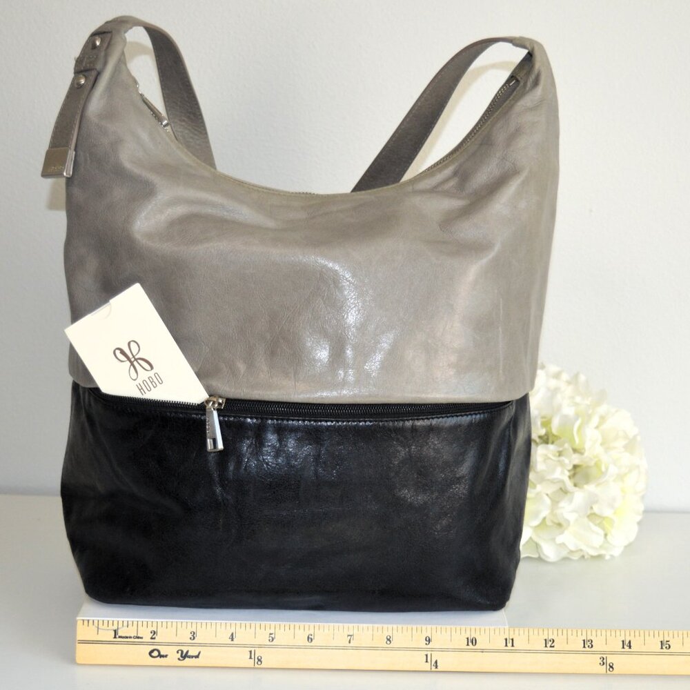 🖤 HOBO Joyce Style Shoulder Bag Two-Tone Leather Stone/Gray & Black - Picture 6 of 14